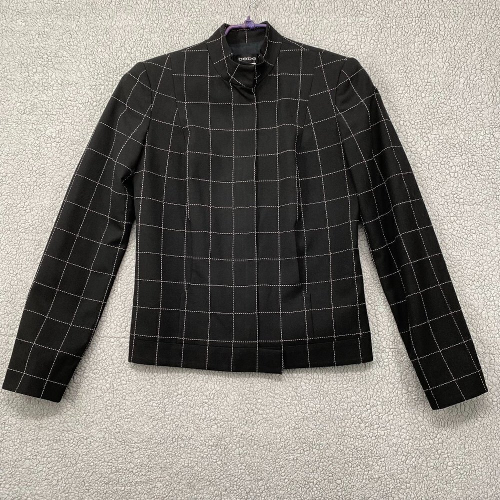 Bebe Jacket Women's Size 4 Black And White Plaid Squares Long Sleeve Full Zip